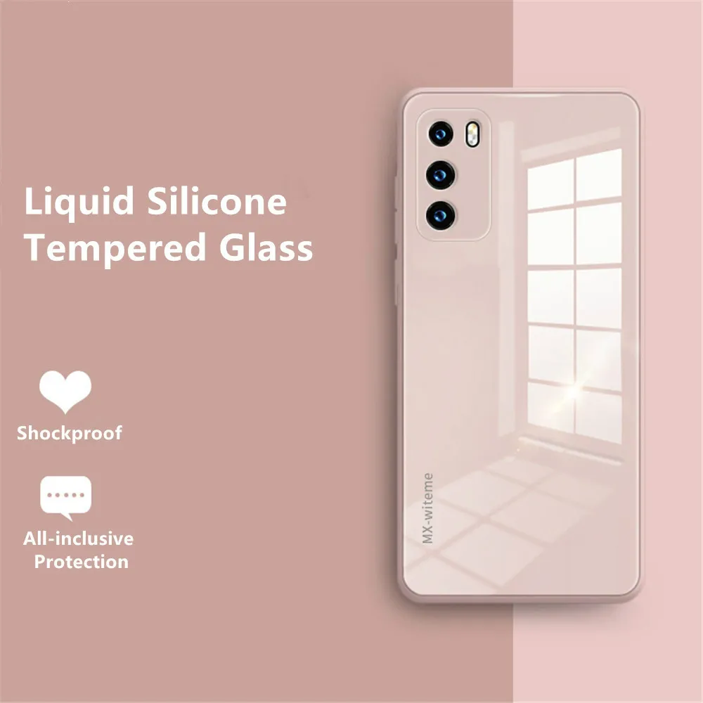 

Liquid Silicone Tempered Glass Phone Case For Huawei P30 P40 Pro Plus Mate 30 Nova 5 6 7 Honor 30 X10 Soft Frame Protector Cove