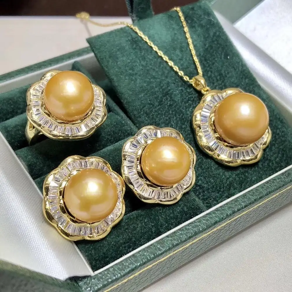 Женский жемчужный комплект D510 набор ювелирных украшений из золотистого жемчуга