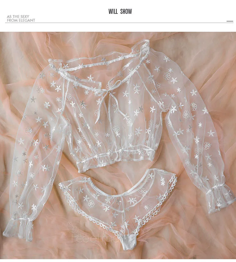 Эротическое нижнее белье комплект женское нижнее белье Babydoll прозрачный сетчатый короткий топ с длинными рукавами и шорты женские наборы сексуальная ночная рубашка ночное белье