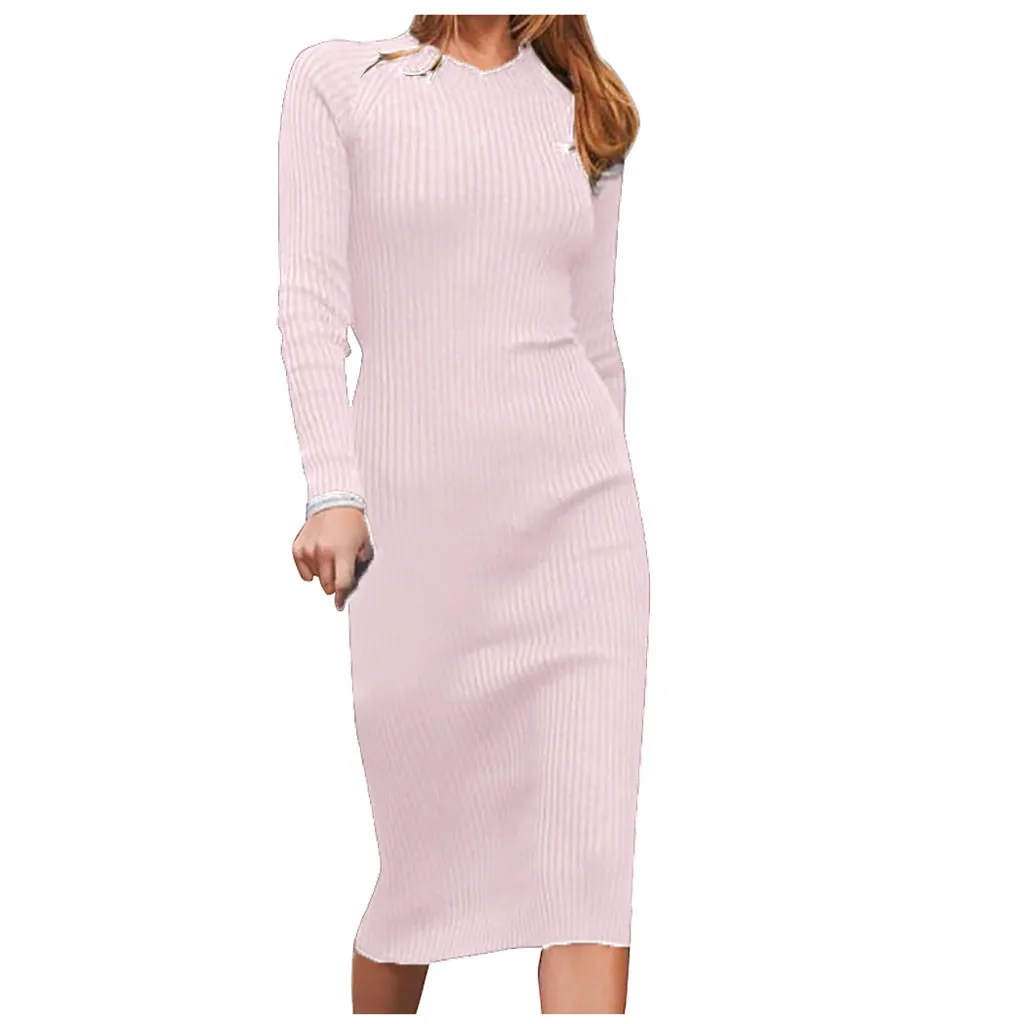 Зимнее длинное вязаное платье для женщин одноцветное с открытой спиной