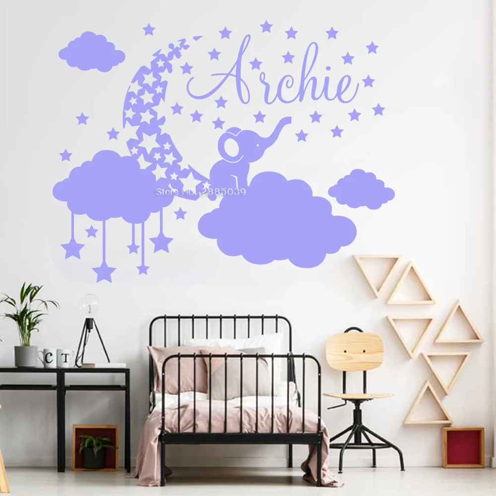 Луна и звезды с принтом в виде слона для наклейки на стены именем заказ детской