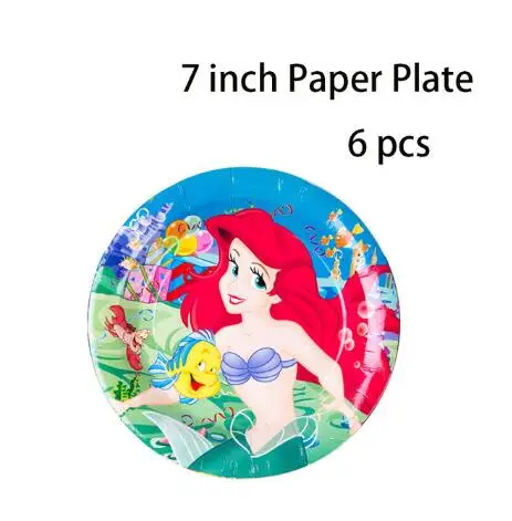 7inch plate 6pcs 90pcs Cute happy birthday Mermaid Ariel girls baby shower party decoration banner table cloth straws cup plates supplier - Цвет: 7inch plate 6pcs