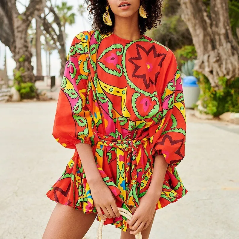 

TWOTWINSTYLE Vintage Print Dress Female O Neck Long Sleeve Bandage High Waist Pleated Dresses Women Spring Fashion Clothes New