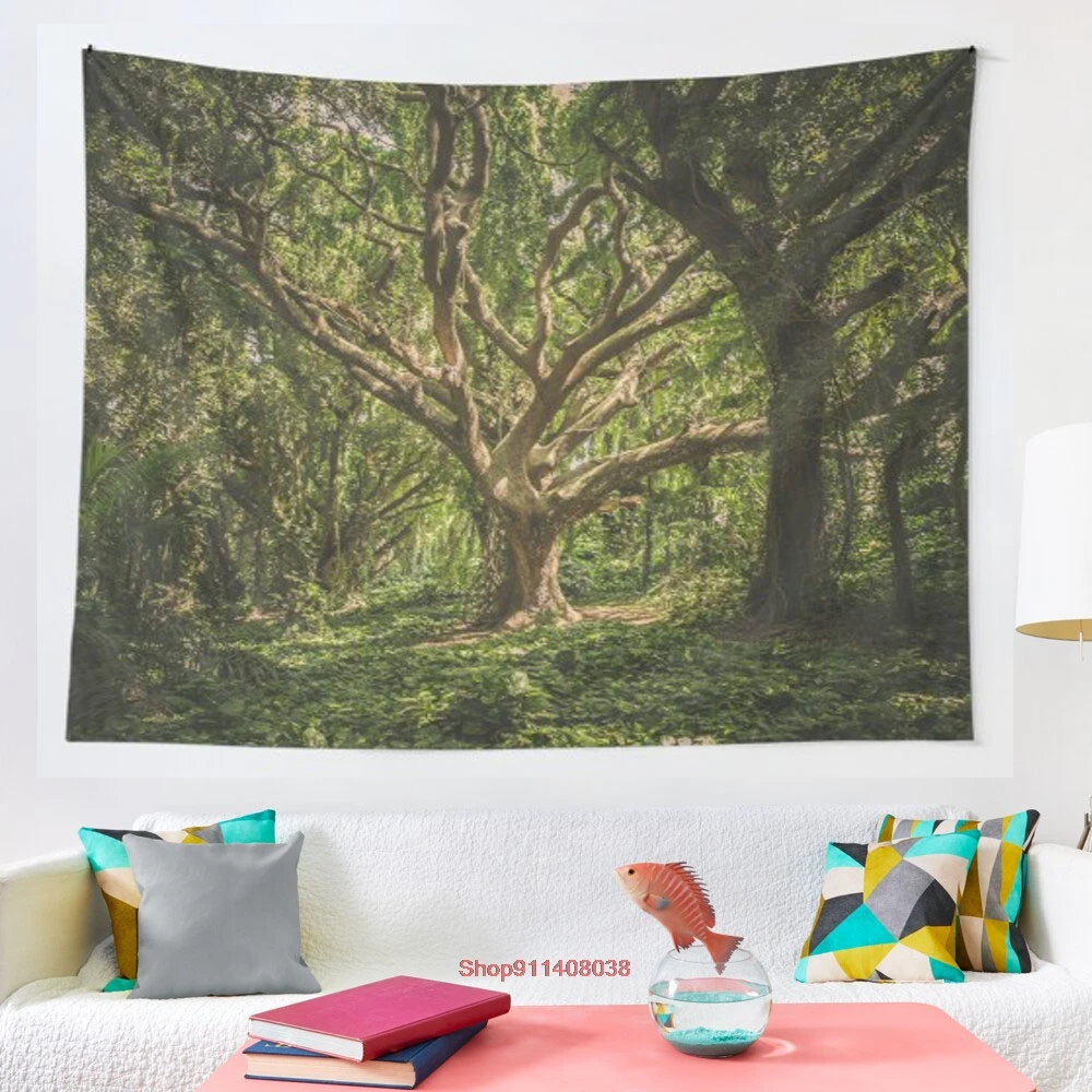Зеленый гобелен с изображением деревьев мозаика Стиль хиппи бохо гобелены