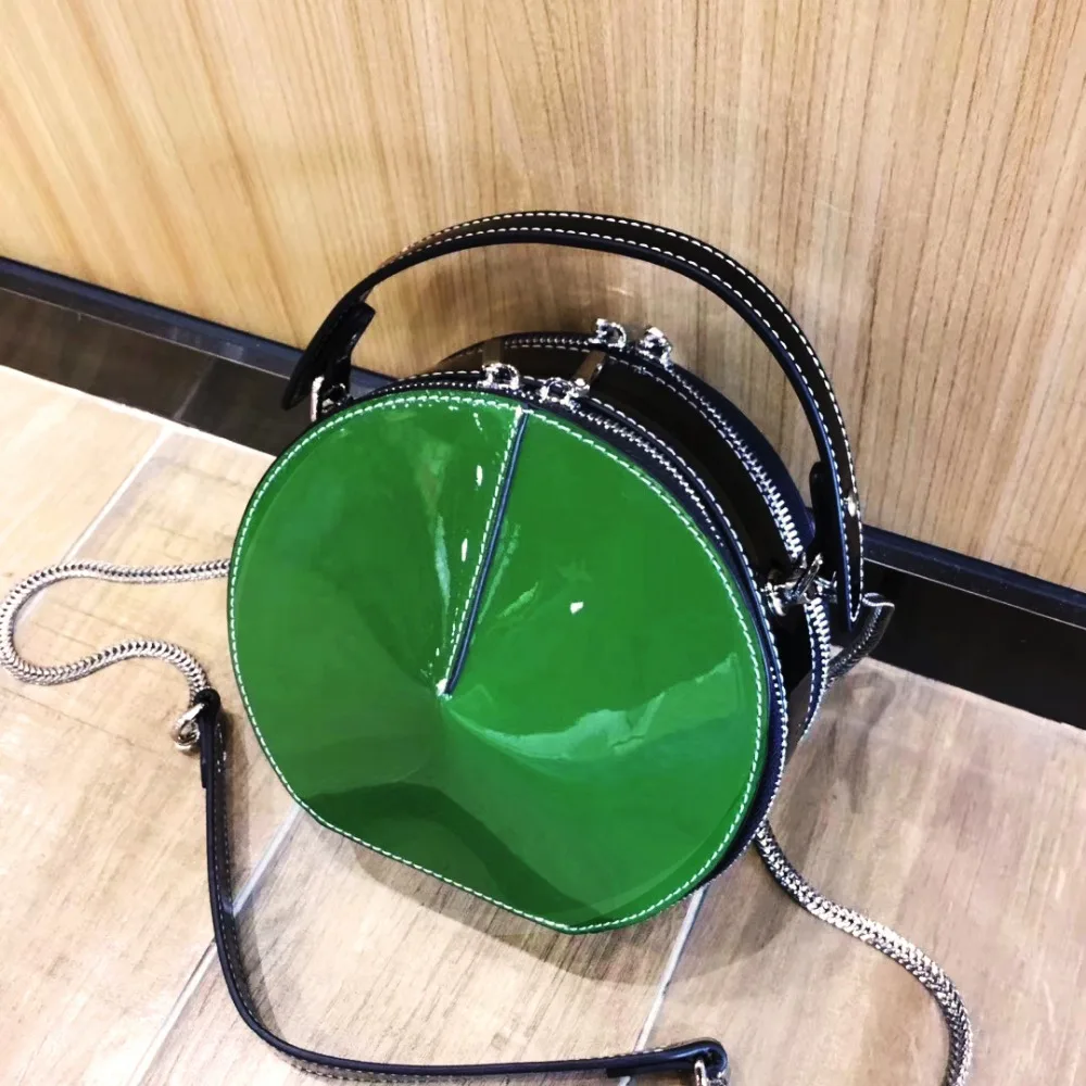 

metallic genuine leather totes bag double zippers chains real leather crossbody bags Patent leather circular bags