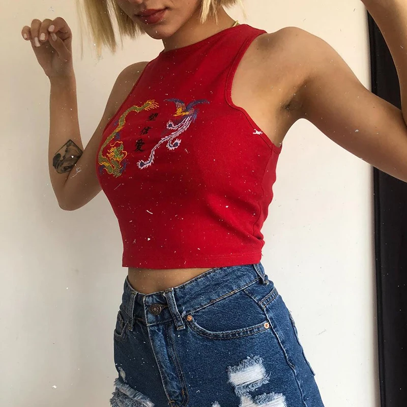 Кроп-топ Artsu женский с вышивкой дракона повседневный топ без рукавов уличная
