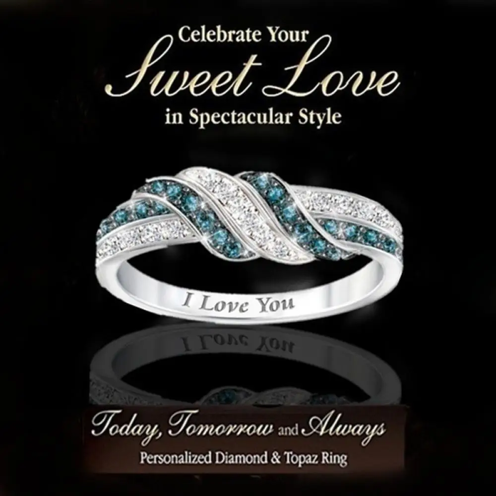 

"i Love You" Lettering Inlaid Two-Color Gemstone Ring Fashion Ladies Casual Engagement Party Geometric Ring Jewelry