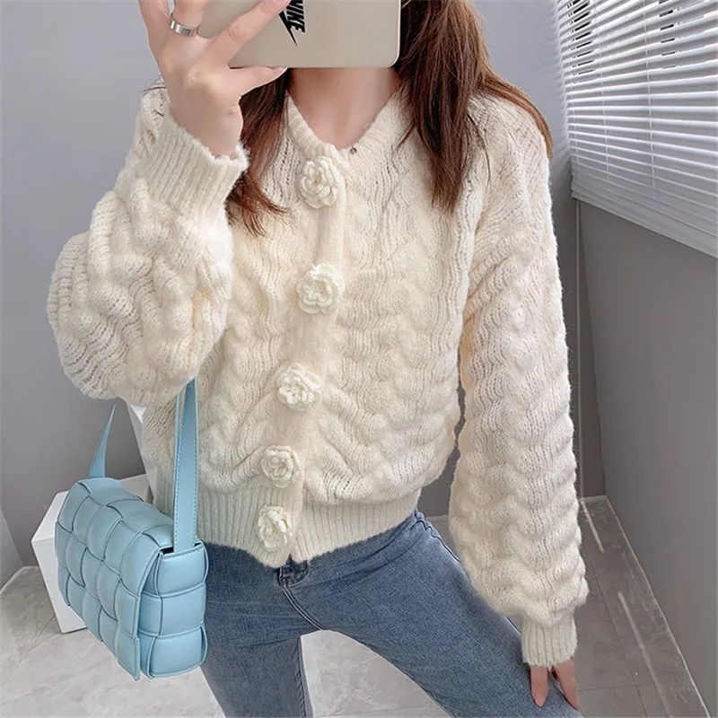 EBAIHUI Mohair Sweater Cardigan Women Thick Warm Knitted Winter Clothes Floral Casual Loose Crop Top Short Coat |