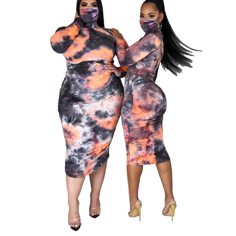 

Women's Sexy Wrap Ruched Bodycon MidiDress LongSleeve Zipper Deep Neck Cow Floral Tie Dye Print Party Clubwear Slim Dress