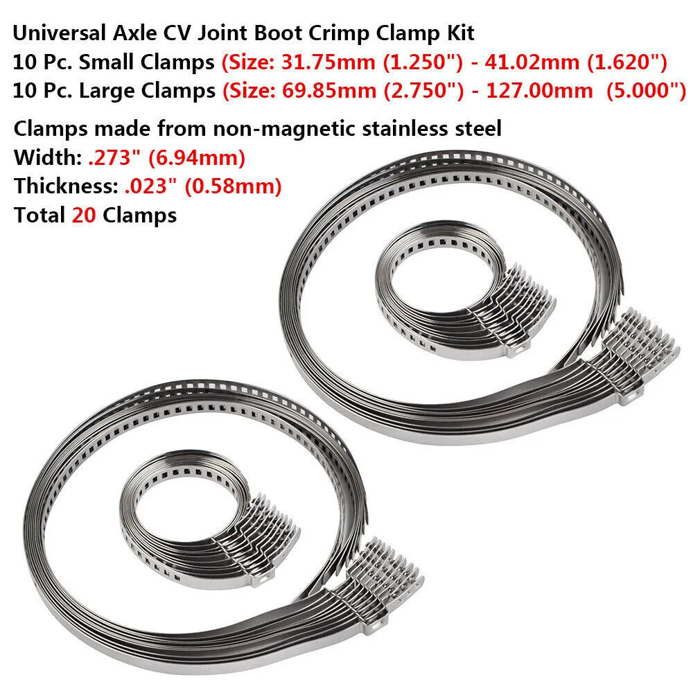 

20pcs Universal Drive Shaft Axle CV Joint Boot Clamp Tool Stainless Steel Kit Small Clamps 31.75- 41.02mm+Large 69.85-127.00mm