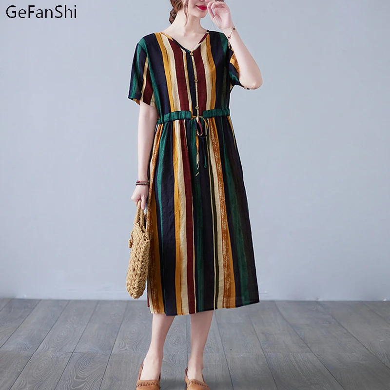 

Summer Women Dress Fashion Striped V-Neck Belt Waist Vintage Dress Casual Loose Short Sleeve Cotton Linen Elegant Dresses