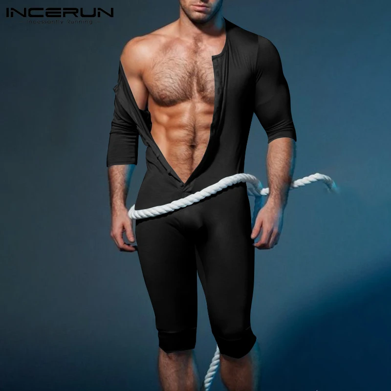 INCERUN Comfortable Homewear Fashionable Casual New Men Onesies Sexy Leisure Solid Color Comfortable Sleeve Jumpsuit S-5XL 2023