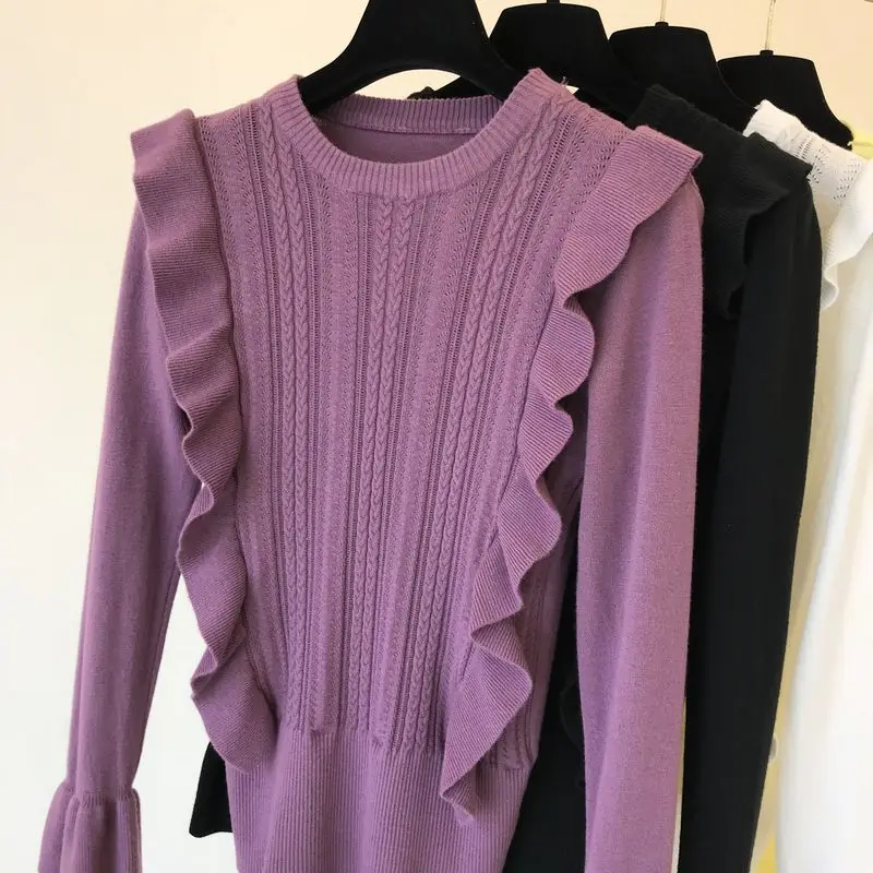 purple Korobov/модный вязаный, сексуальный, с вырезами, с оборками, Элегантный женский пуловер, свитер, корейский, с круглым вырезом, с расклешенными рукавами, для подиума, Sueter Mujer 78904 - Цвет: purple