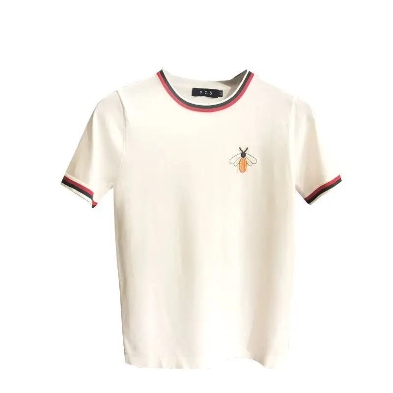 

Men's half sleeve 2021 summer round neck embroidery Korean breathable thin knitted short sleeve T-shirt slim elastic T-shirt