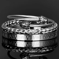 luxury set stainless steel bracelet hip hop men jewelry wolf head charm open brangle carving roman numerals pulseira bileklik