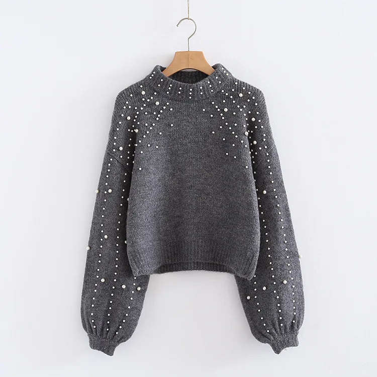 

Cashmere cotton blend Pearl turtleneck knitted short Sweater Women vintage lantern sleeve pullover jumper autumn winter