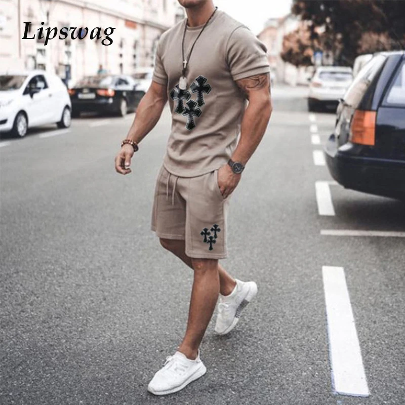 

Vintage Cross Printing Tracksuits Casual Men 2 Piece Set Summer Short Sleeve Tees And Shorts Outfit 2021 Streetwear Mens Clothes