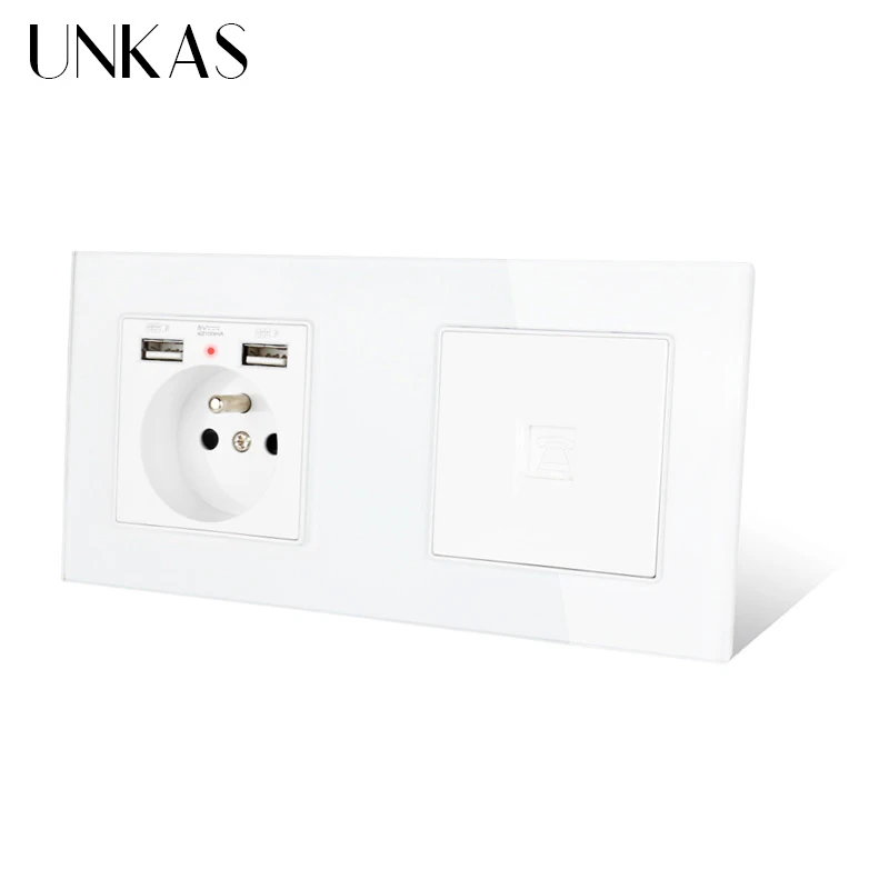 Французская стандартная электрическая розетка UNKAS с 2 USB портами для зарядки + 1