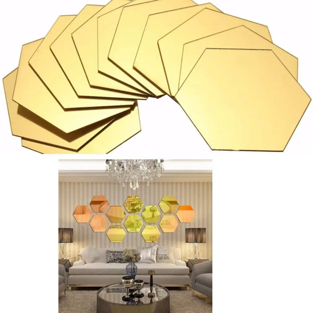 12PCS Hexagon Removable Waterproof Self-adhesive Mirror Stickers Home Bathroom Kitchen Wall Stickers Kitchen Decoration
