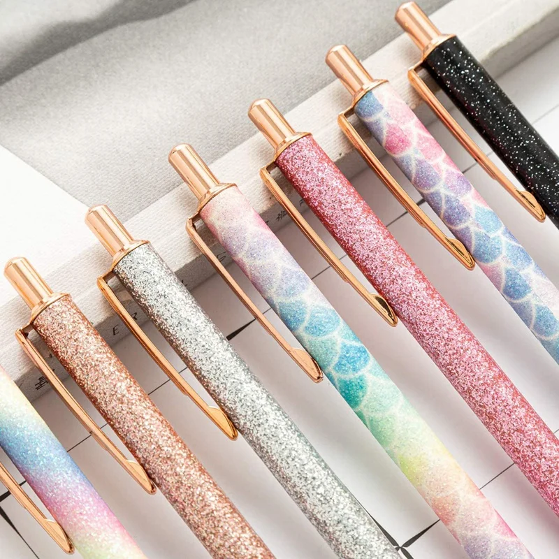 

8 Pcs Glitter Ballpoint Pens Rose Gold Click Ballpoint Pen Metal Glitter Pen Retractable Black Ink Medium Point Pens