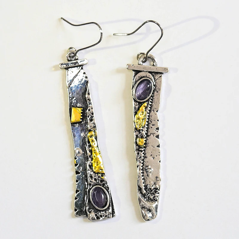 

Indian Tribal Sickle Serrated Knife Long Drop Earrings Vintage Pendientes Inlaid Purple Stone Earrings Z4D389