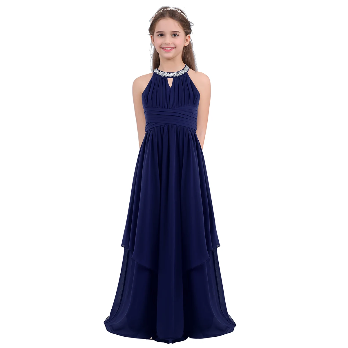 Navy Blue Шифоновое платье с цветочным узором для девочек; платье в пол без рукавов для свадебной вечеринки; платье с блестками на бретельках с цветочным узором для девочек; пышное платье принцессы - Цвет: Navy Blue