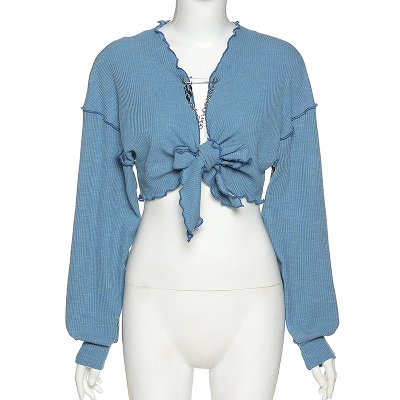 

Zoulv Spring Women's Tops Solid Color Long-sleeved V-neck Cardigan Cardigan with Wooden Ears Crop Top All-match Street T-shirt