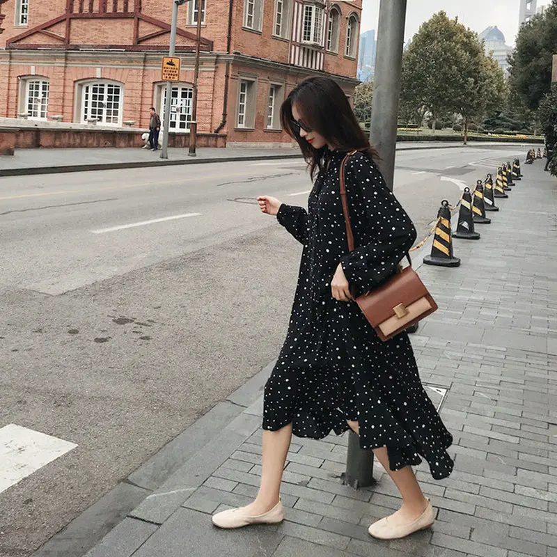 

Black Polka Dot Shirt Dresses Women Autumn Long Sleeve Lacing Up Waist Calf Length Loose Fitting Fishtail One Piece Shirtdress