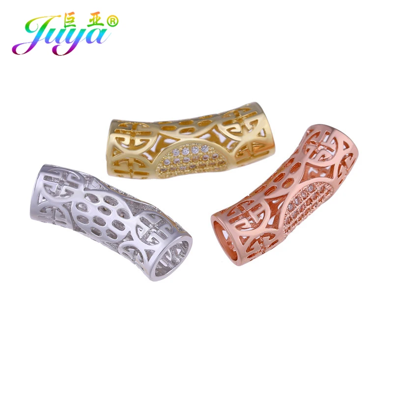 Juya DIY золотые/серебряные/розовые золотые разделительные бусины, поставки, микро проложенные циркониевые изогнутые трубчатые бусины для изготовления ювелирных изделий из натурального камня и жемчуга