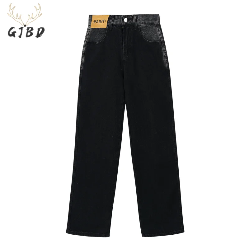 

Black High Waist Women's Jeans Gradient Color Streetwear Baggy Straight Denim Trouser Original Design Girl Wide Leg Jean Pants