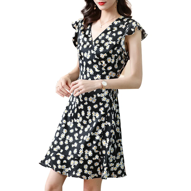 

Женское шелковое эластичное атласное платье, облегающее французское платье в стиле ретро с маленькими маргаритками и V-образным вырезом, ле...