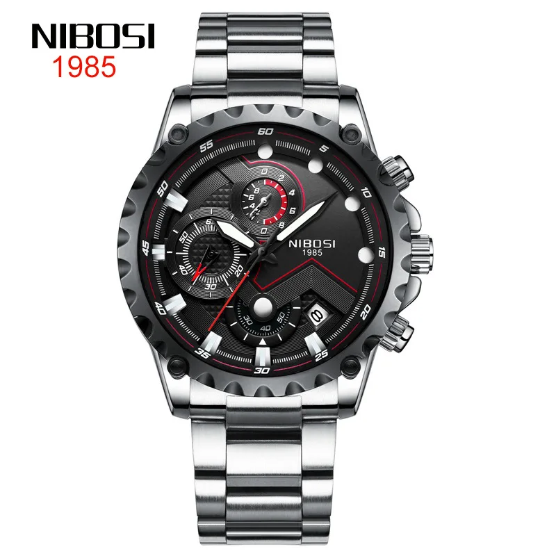 Часы наручные NIBOSI Мужские кварцевые, брендовые Роскошные полностью стальные спортивные водонепроницаемые с хронографом и большим цифербл...