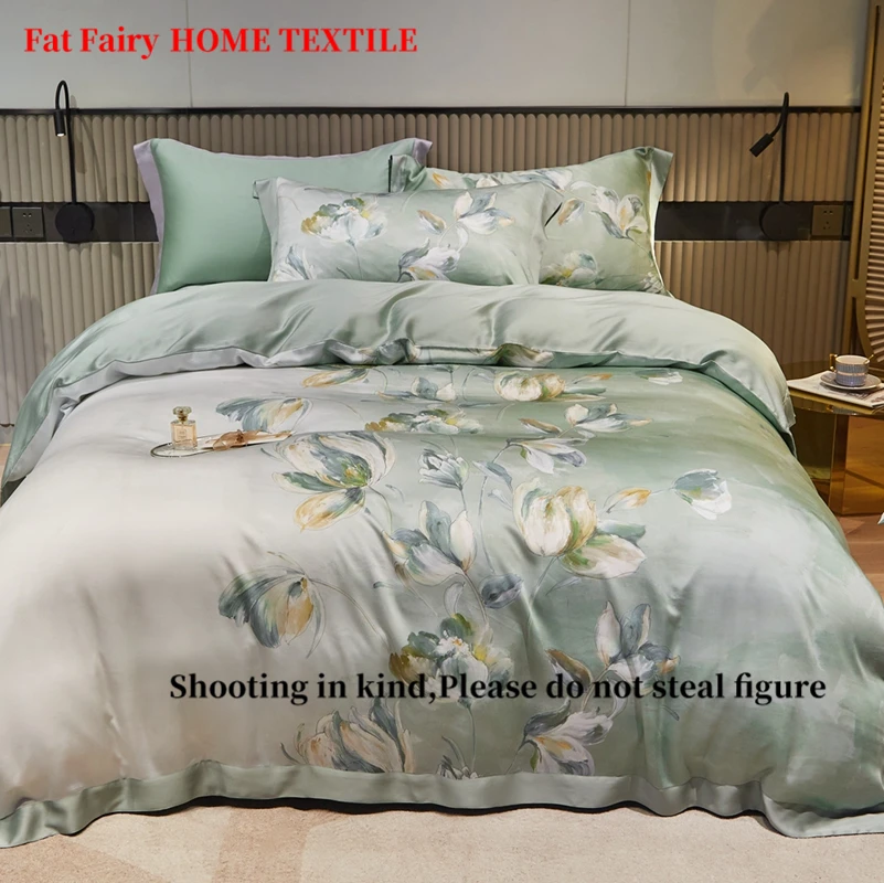 

Super Soft Breathable Tencel Silk Bedding Set Plant Flowers Printing Queen King Silky Duvet Cover Flat/Fitted Sheet Pillowcases