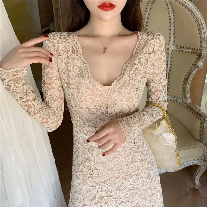 

COIGARSAM Beach Style Lace Women New V-Neck Dresses Bud Silk Dress 1040