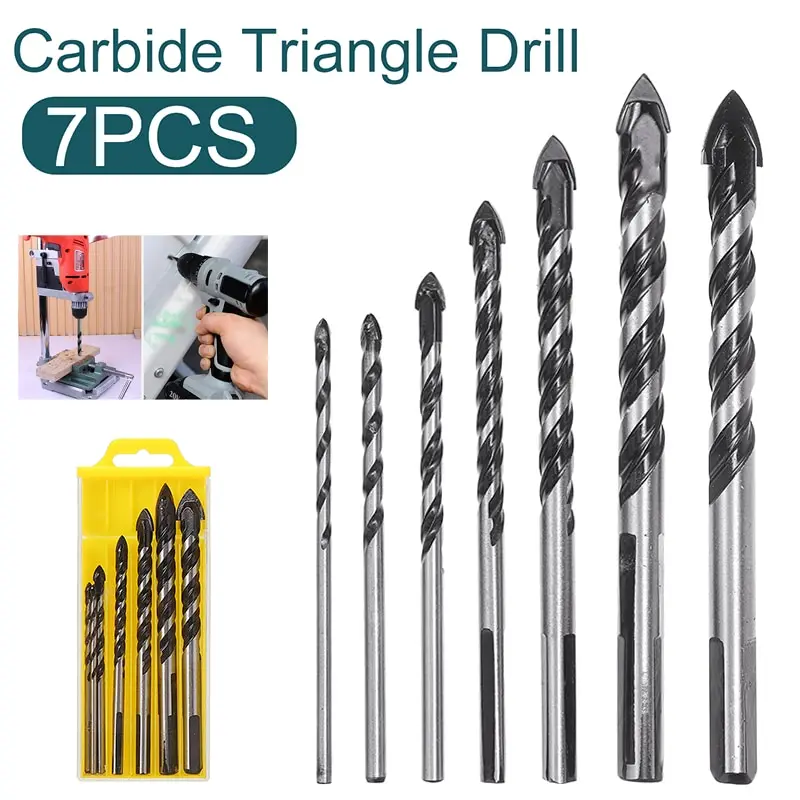 

7pcs 3-12mm Threaded Aolly Wall Tile Concrete Drill Carbide Glass Triangle Twist Drill Bit Electric Drill Tool Parts
