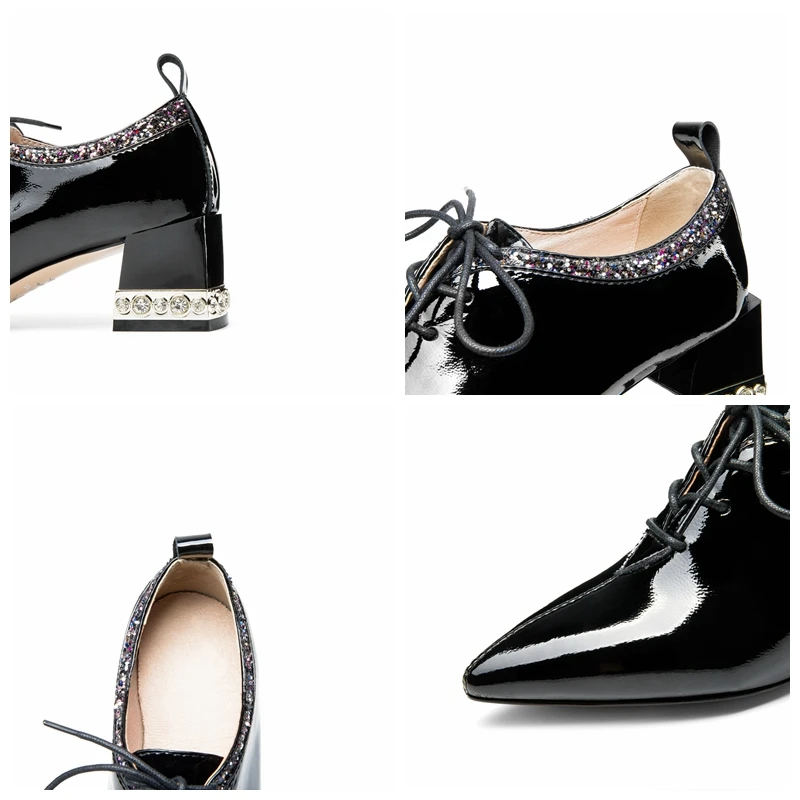 

Girseaby Women New 2021 Pumps Pointed Toe 5.5cm Block Heels Genuine Leather Lace-Up Patchwork Bling Stylish Big Size 48 A3670