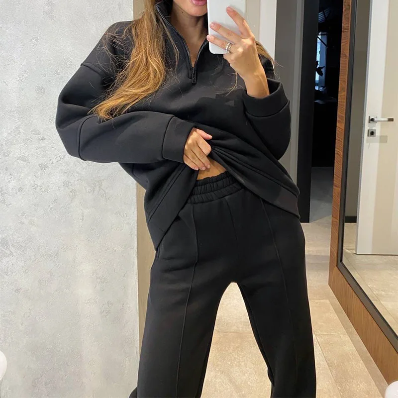 

Casual Zipper Loungewear Matching Sets Women Long Sleeve Winter Lace Sporty Workout Top And Pants 2 Piece Outfits