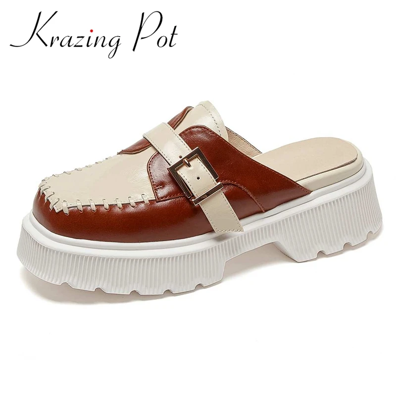 

Женские шлепанцы из натуральной кожи Krazing Pot, Повседневная винтажная Уличная обувь на толстой подошве, без застежки, на высоком каблуке, разн...