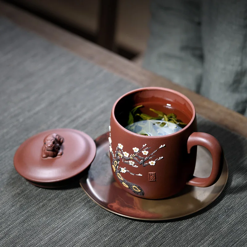 

yixing undressed ore violet arenaceous pure manual cover cup manual auspicious plum flower purple clay cover cup 550 cc