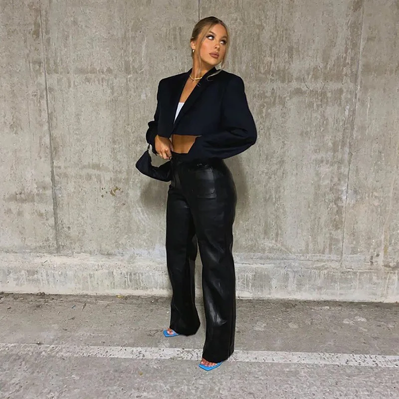 

Solid Black Faux Leather Trousers High Waist Straight PU Pants Fall Winter Harajuku Bottom Pants Pockets