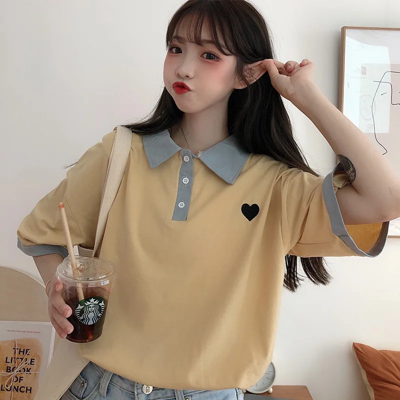 Рубашка-поло женская летняя в стиле Харадзюку с коротким рукавом и вышивкой