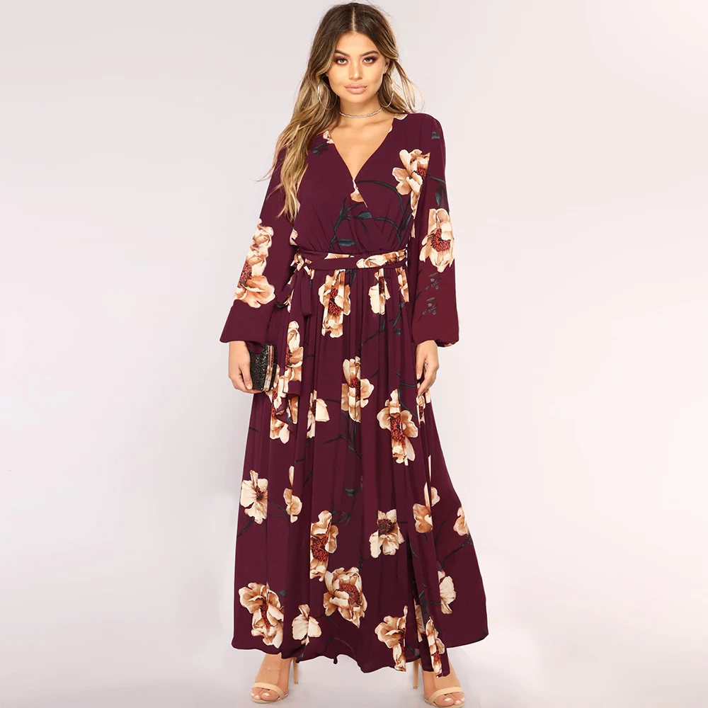 

Linglewei New Spring and Summer Women's Dress Long sleeves V-neck Bandage printing dress