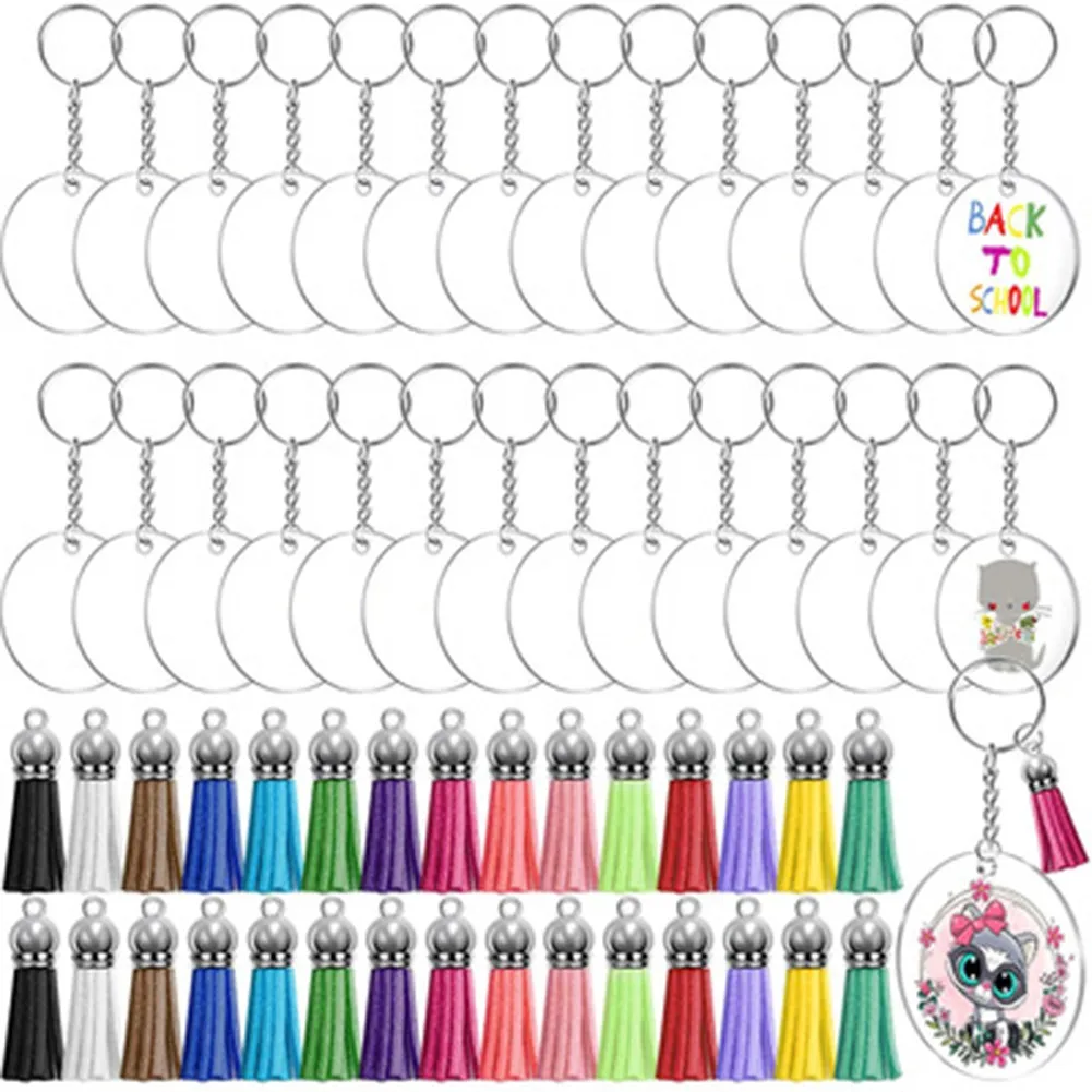 

120Pcs Clear Acrylic Circle Discs Keychain DIY Kit Blanks Tassel Pendant Key Ring Women Jewelry Crafts