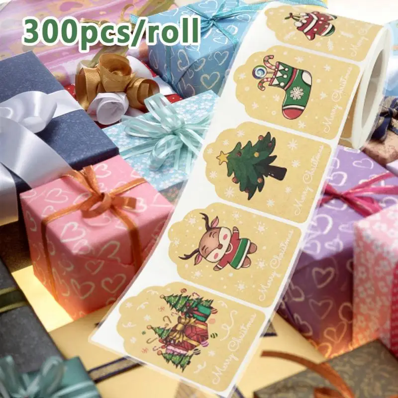 

300Pcs Kraft Paper Santa Snowman Stickers Christmas Gift Labels For Jar Candle Glass Bottle Merry Christmas Decorative Stickers