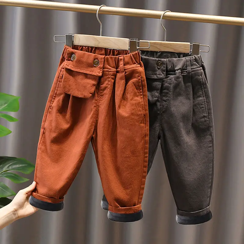 

Toddler Boy Trousers Autumn Winter New Kids Casual Thicken Warm Pants Korean Elastic Waist Loose Solid Plus Velvet Pants for Boy