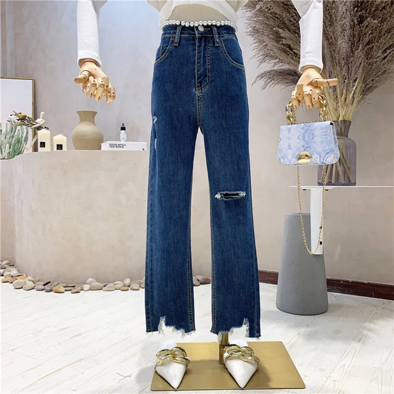 

New Women's Clothing Summer 2021 Fashion High waist elastic thin hole split jeans Ninth pants