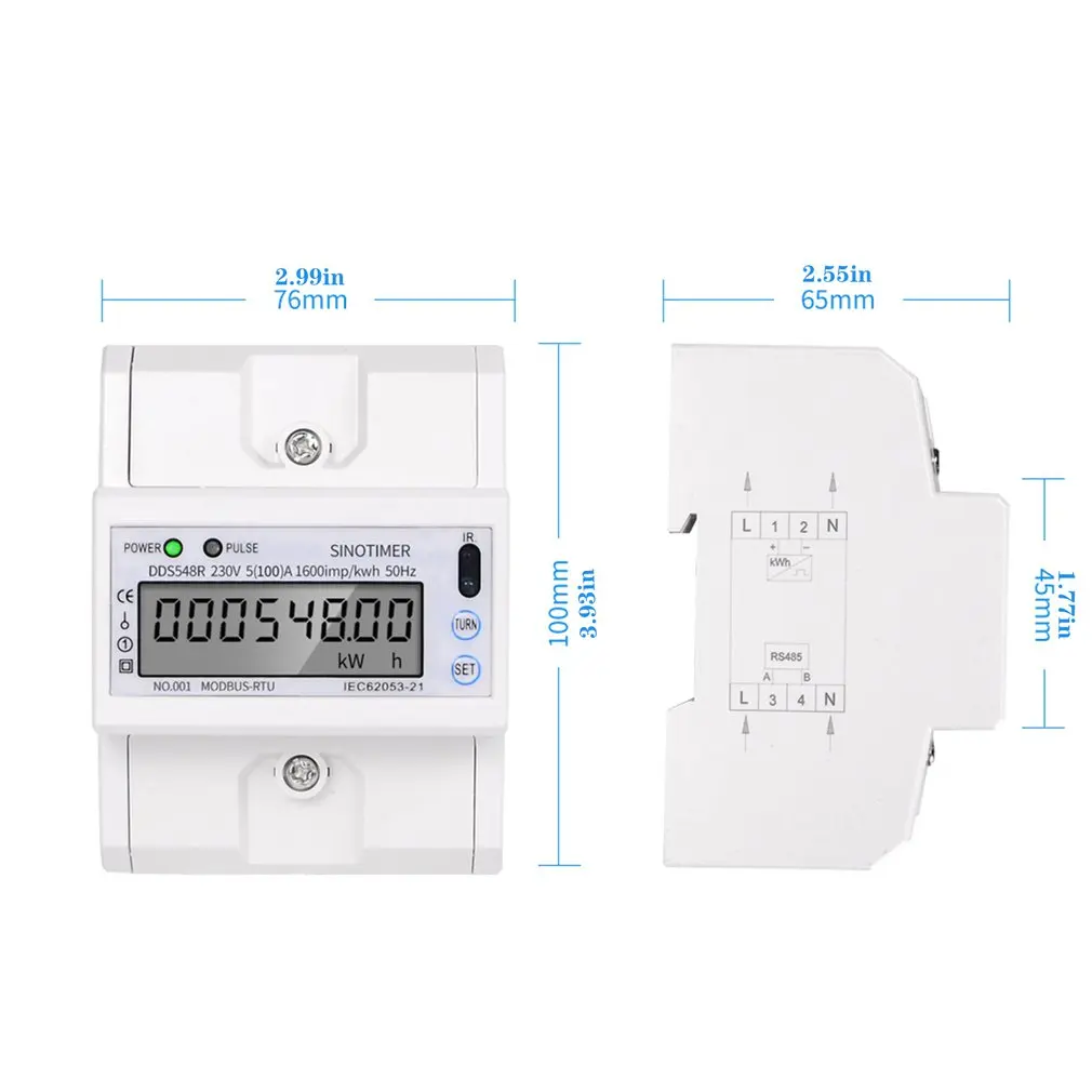 

SINOTIMER DDS548R RS485 5-100A 230V AC Single Phase DIN Rail LCD Electronic Digital Display KWH Meter Kilowatt Hour