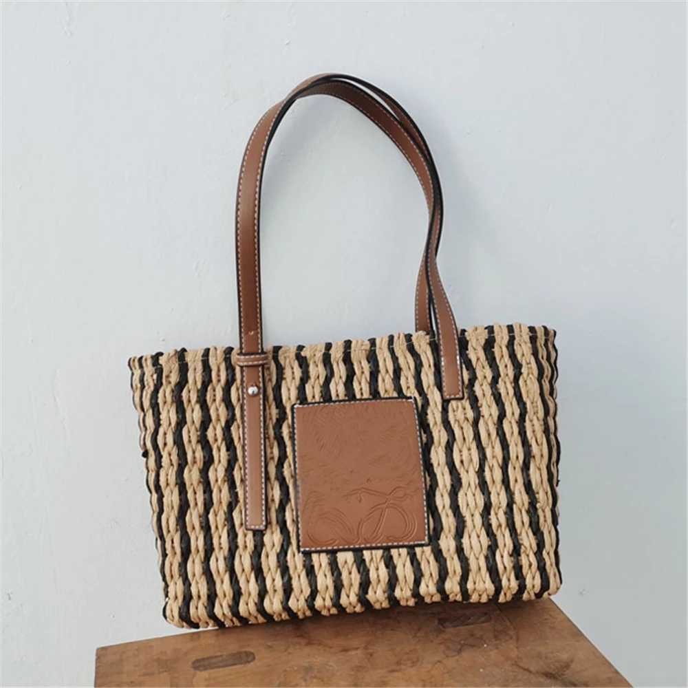 

Summer Pu Leather Splice Straw Women Shoulder Bags Striped Hand-woven Women Handbags Large Paper Rope Woven Ladies Hand Bags New