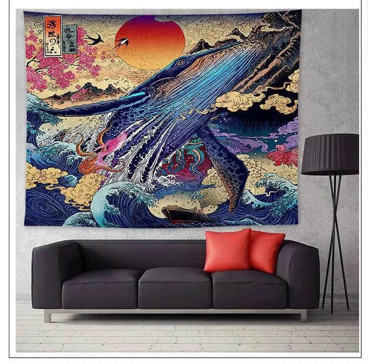Ukiyo-e Japanese-style living room tapestry wave decorative painting Wall Hanging Tapestries Boho Bedspread Yoga Mat | Дом и сад