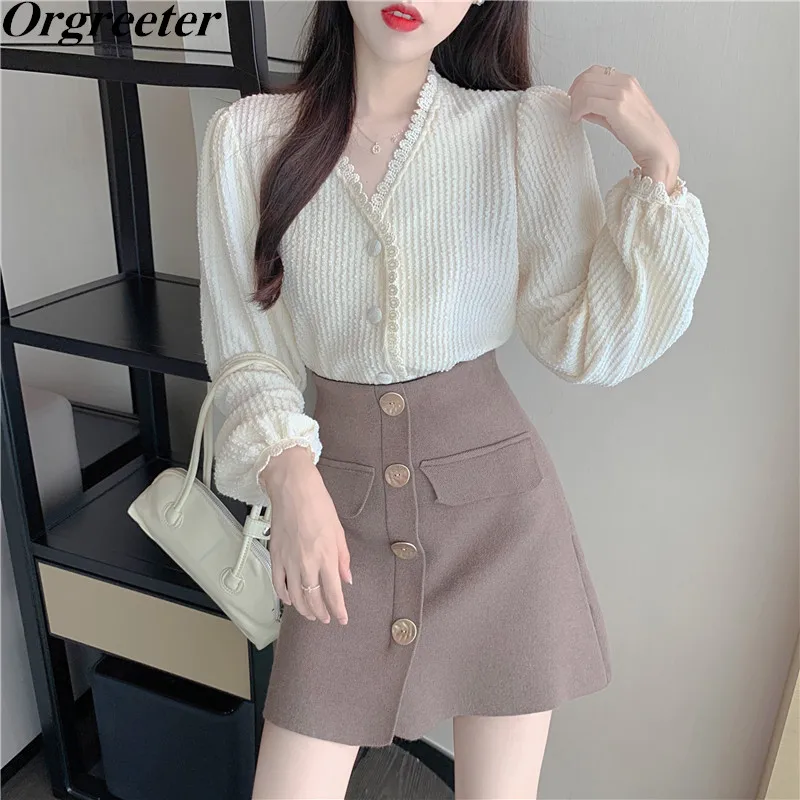 

Chic Vintage Woolen Skirt 2 Piece set Women Outfits V-neck Long Sleeve Lace Trim Shirt Blouse Mini Skirts Suits Fashion New